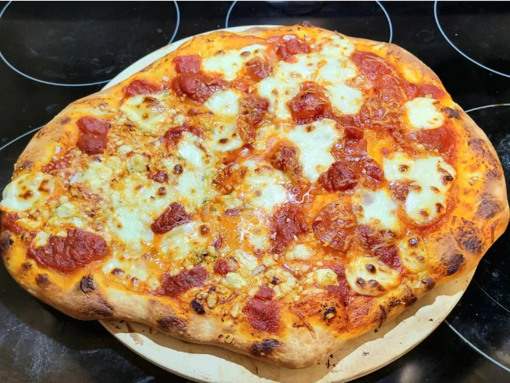 A baked homemade pizza